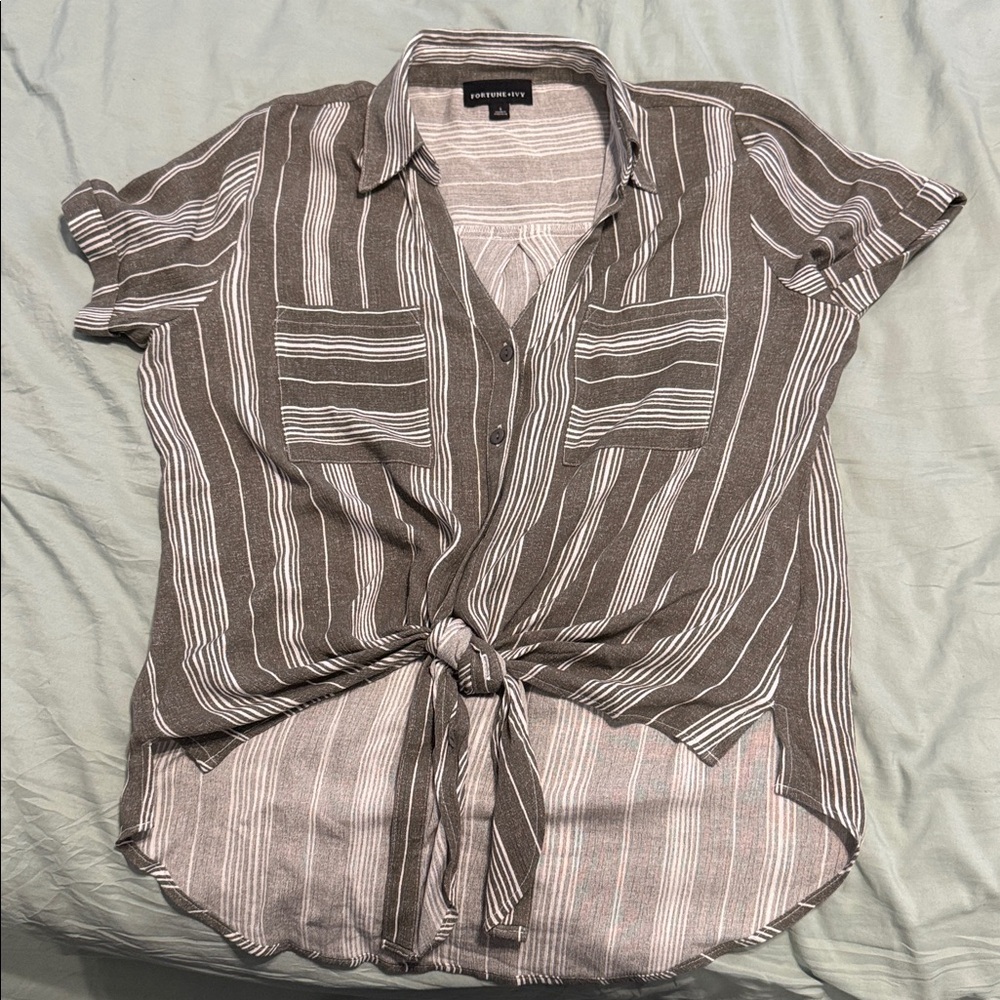 Olive Green and  White Striped Tie-Front Shirt. Worn once. PTP 21”.